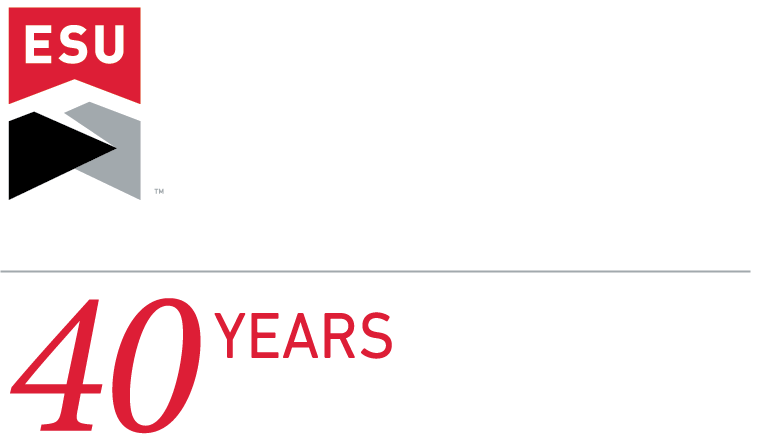 East Stroudsburg University (ESU) 40th Anniversary logo. The design features the ESU logo with a red, black, and gray emblem above the words “40 Years” in bold red text. The background is white with a gray horizontal line separating the logo from the anni