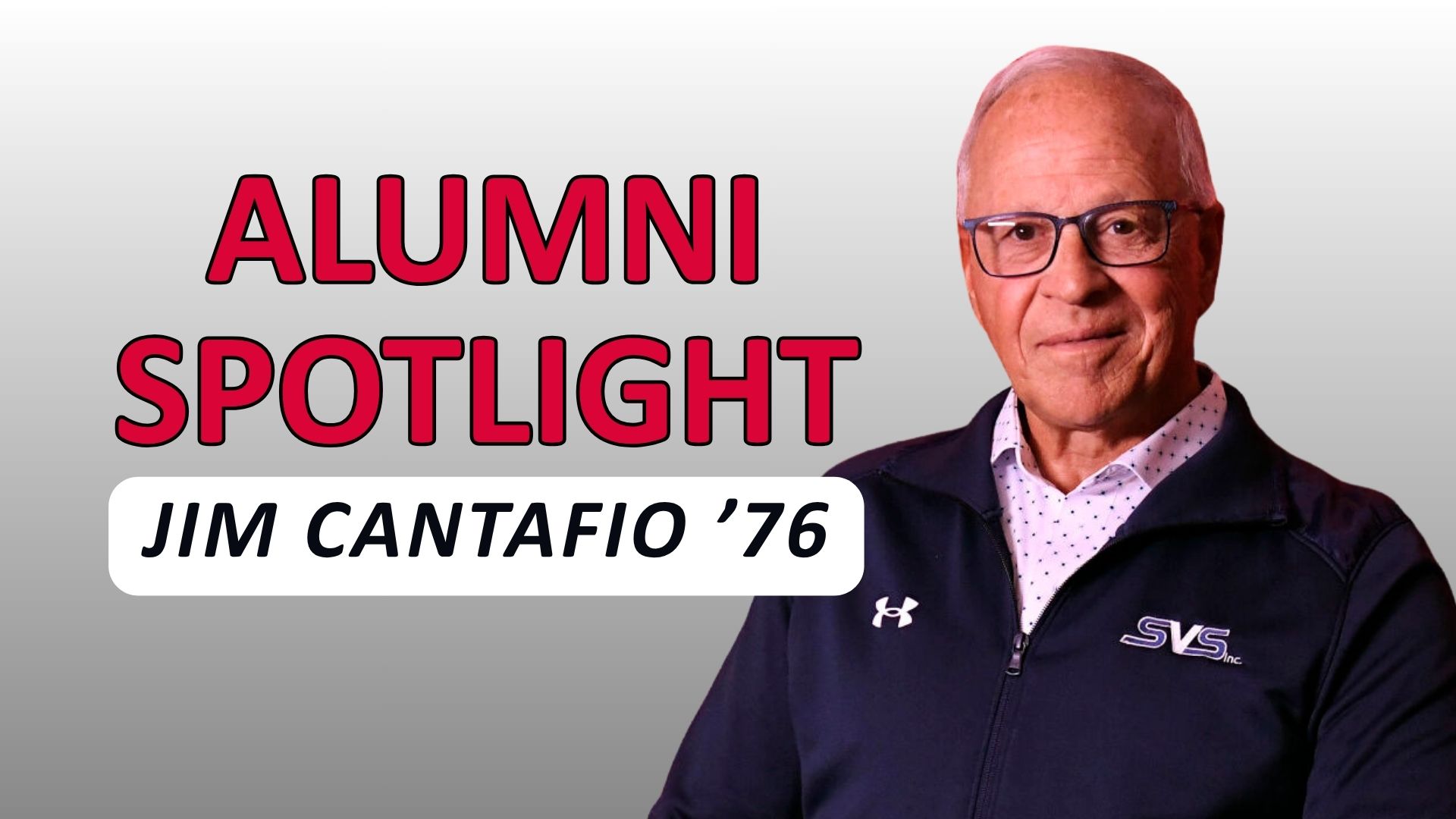 Alumni spotlight banner with large red text "ALUMNI SPOTLIGHT" at left and a smiling older man wearing glasses and a dark zip jacket at right, with a white label showing the alumnus's name and class year.