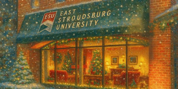 Lehigh Valley Center of East Stroudsburg University in a hallmark-like scene with warm lighting and snow.