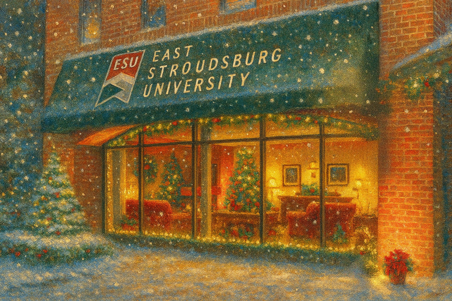 Snow falls outside the warmly lit entrance of East Stroudsburg University, with decorated Christmas trees visible through the windows.